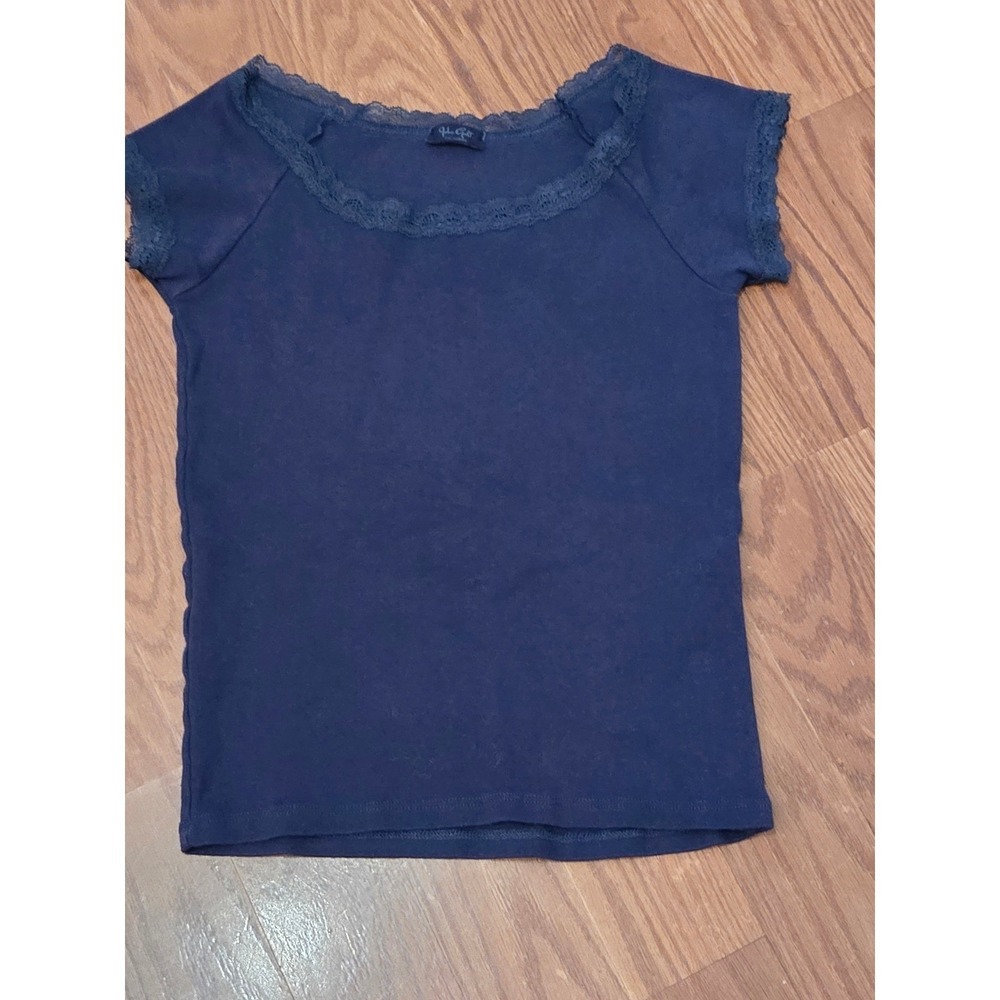John Galt California Navy Blue Lace Trim Short Sleeve Top Women's S